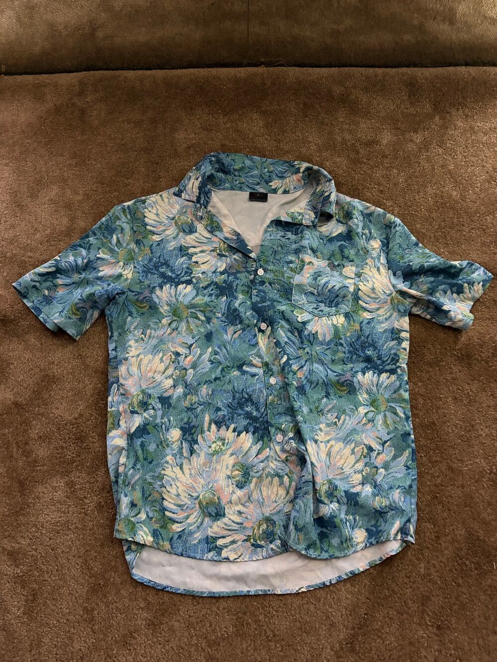 Men’s Floral Button Down Summer Shirt (Blue, Medium)